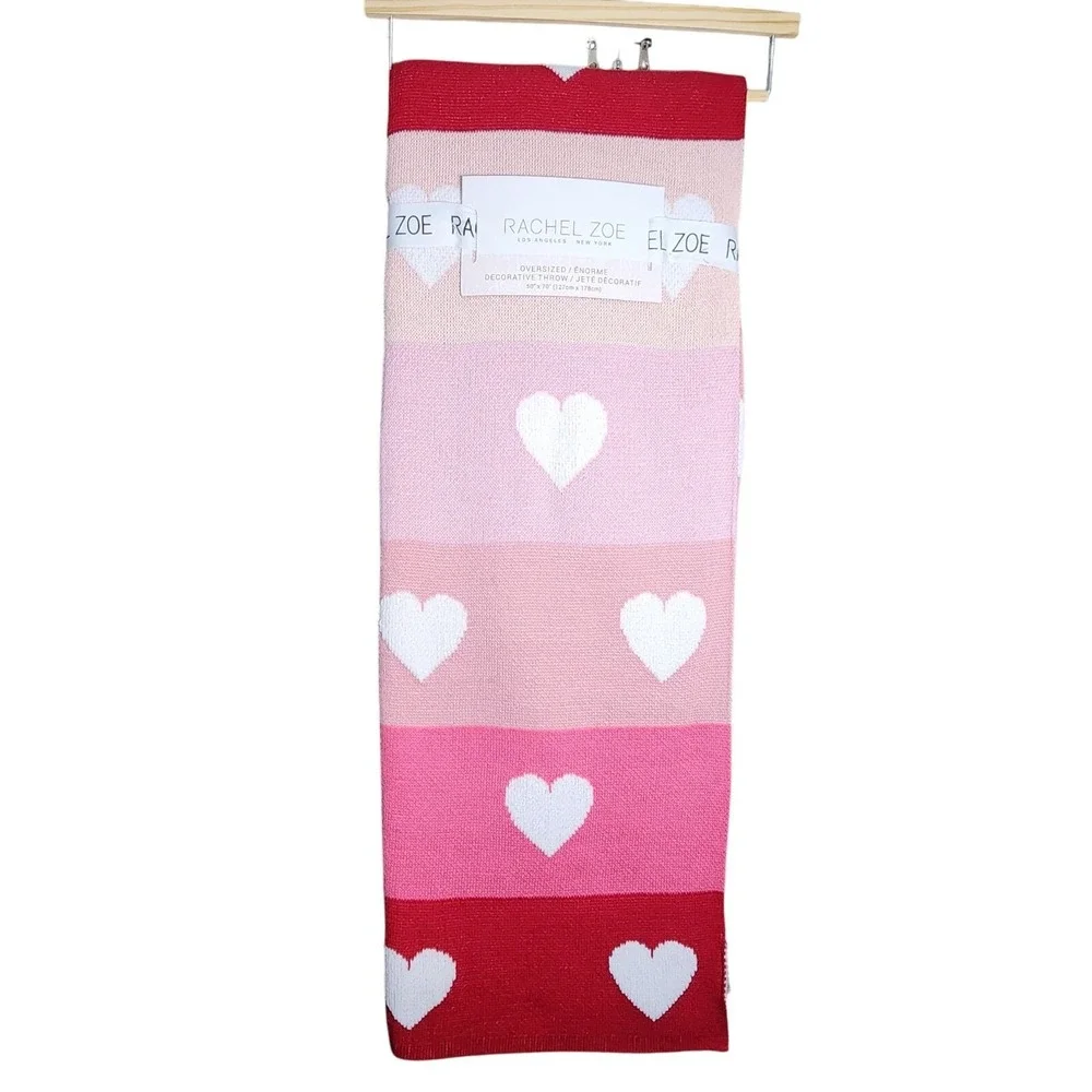 Zoe Rachel Cotton Blend Knit Throw Blanket Heart Color Block Pink Red 50x70